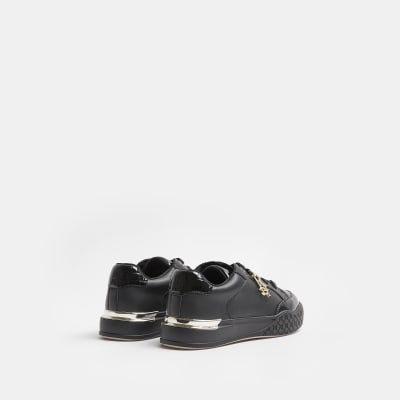 Girls black patent lace up plimsolls