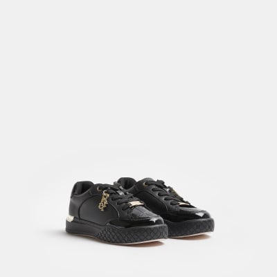 Girls black patent lace up plimsolls