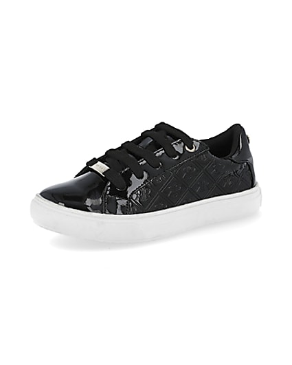 360 degree animation of product Girls black patent monogram trainers frame-1