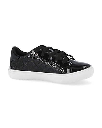 360 degree animation of product Girls black patent monogram trainers frame-16