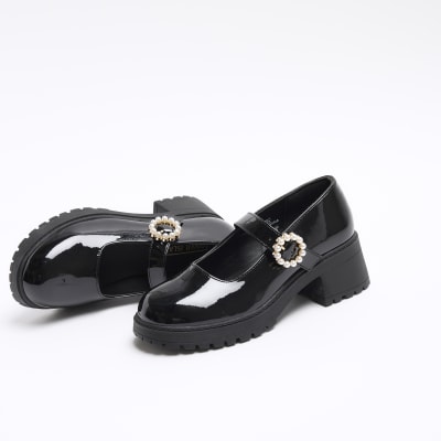 Girls black patent pearl buckle heel shoes River Island
