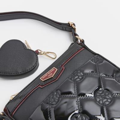 Girls black patent RI embossed messenger bag River Island