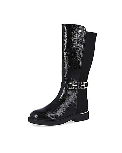 360 degree animation of product Girls black patent trim tall boot frame-1