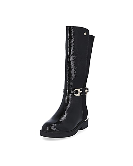 360 degree animation of product Girls black patent trim tall boot frame-23
