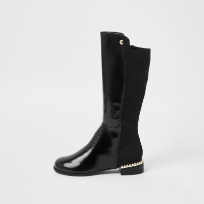 Girls black pearl heel knee high boots 