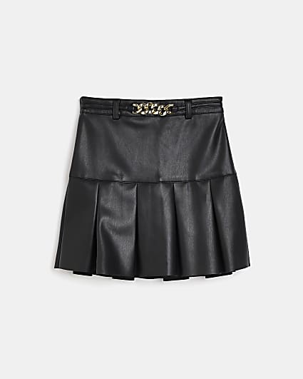 Girls Black Pleated chain faux leather Skirt