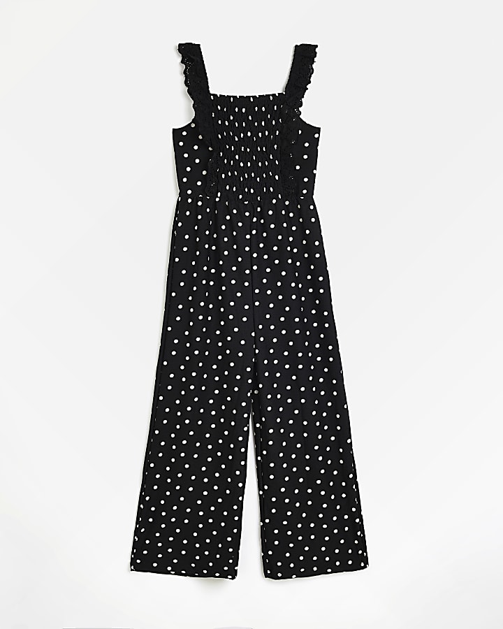 Girls Black Polka Dot Shirred Jumpsuit