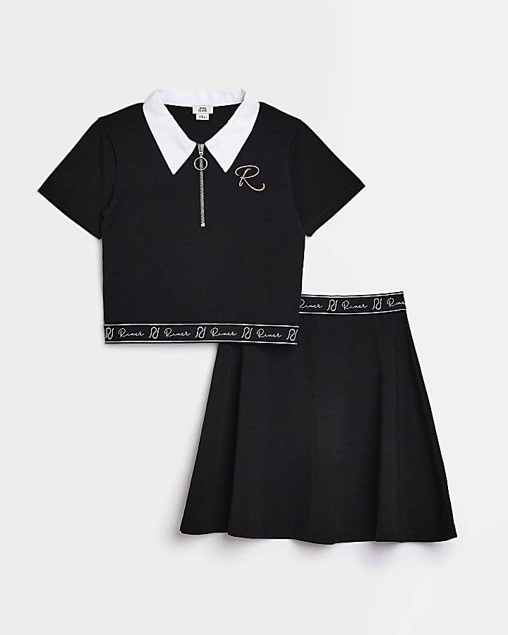 Girls Black Polo shirt and skirt outfit