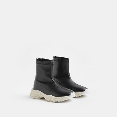 Girls Black PU Chunky Sock Runner trainers