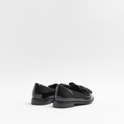 Girls black PU diamante bow loafers