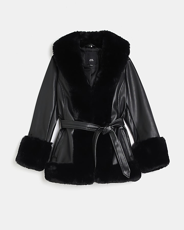 Girls black PU faux fur wrap blazer