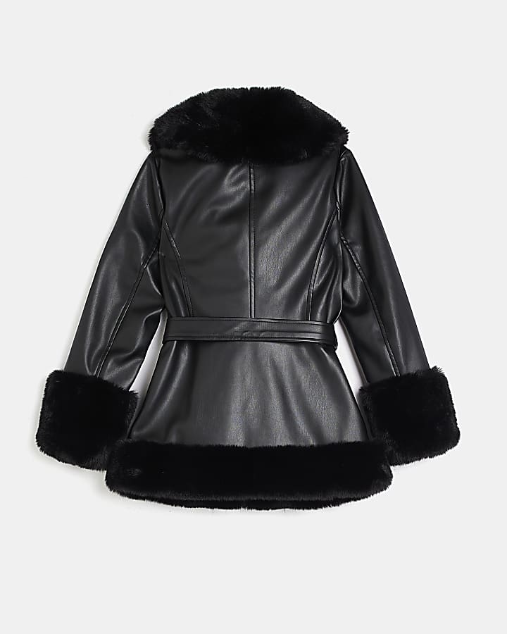 Girls black PU faux fur wrap blazer