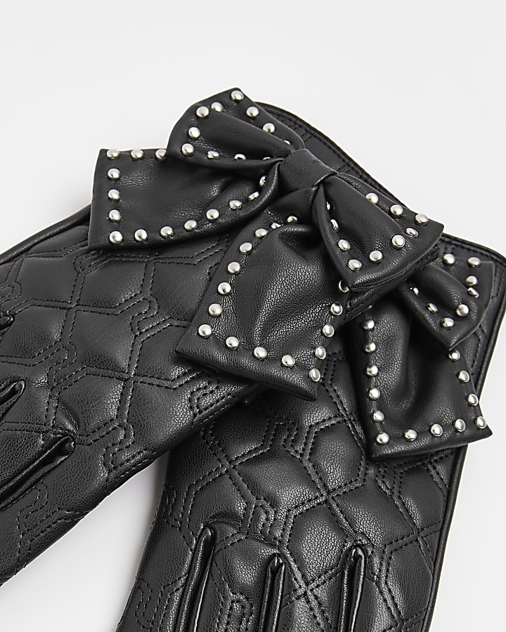 Girls Black PU Quilted Studded Bow Gloves