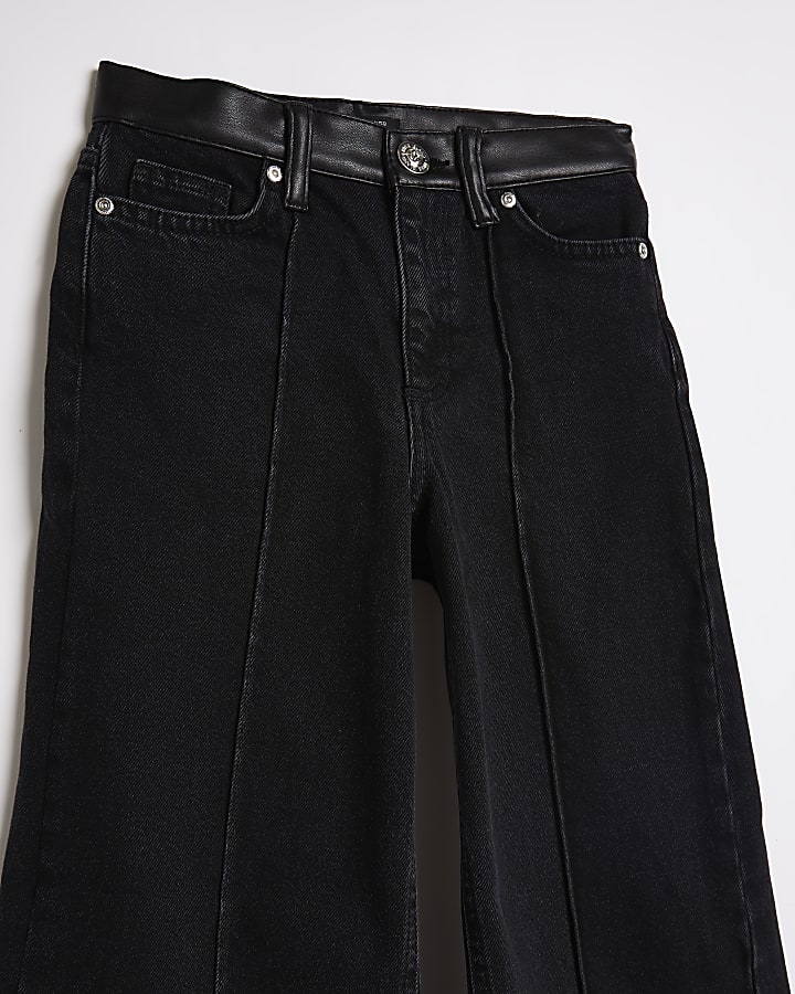 Girls black PU trim wide leg jeans