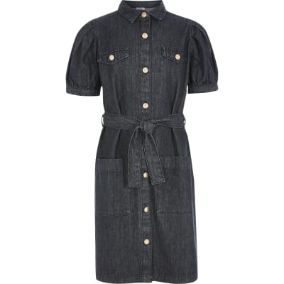 girls black denim dress