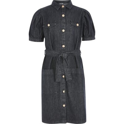 river island black denim dress