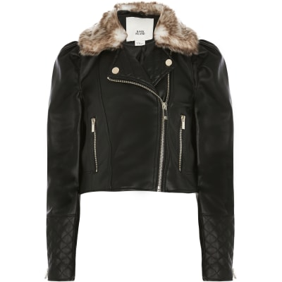 Girls black puff sleeve biker jacket | River Island