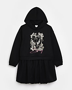 Girls Black Puffball hybrid hoodie Dress