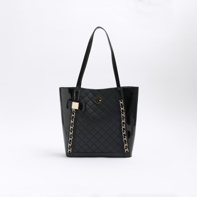 Girls black quilted chain detail shopper bag River Island