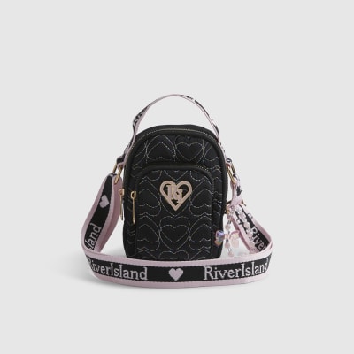 Girls Black Quilted Heart Cross Body Bag