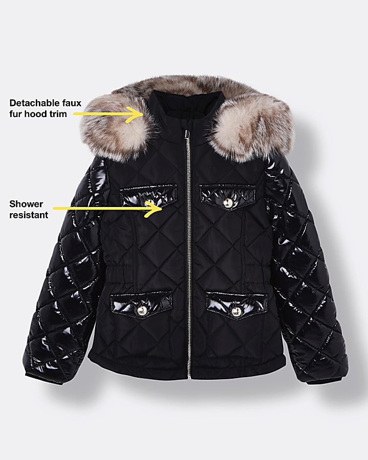 Girls black quilted hooded puffer coat