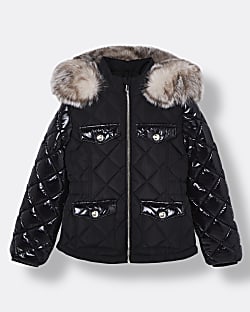 Girls black quilted hooded puffer coat