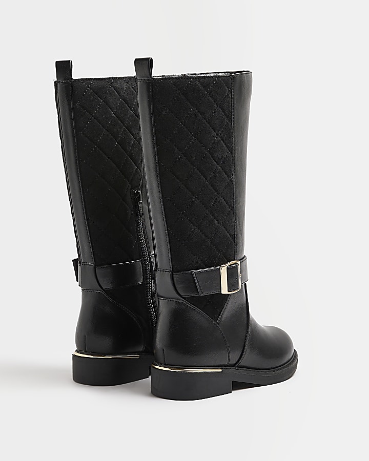 Girls Black Quilted Knee High buckle Boots