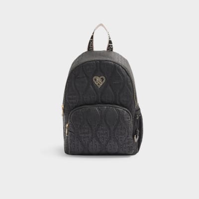 Girls black quilted monogram backpack River Island