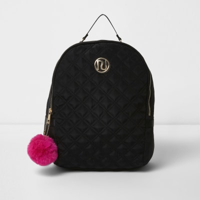 Girls black quilted pom pom backpack