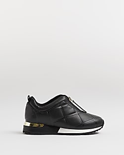 Girls black Quilted Pu zip trainers