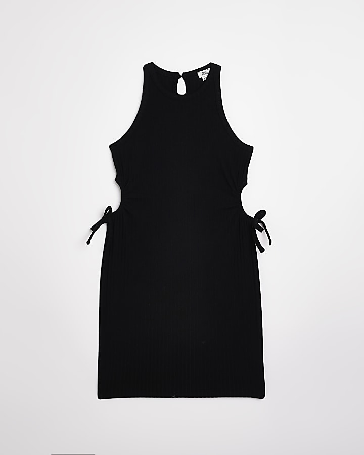 Girls black racer neck cut out ribbed dress
