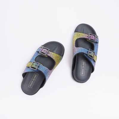 Girls black rainbow studded sandals
