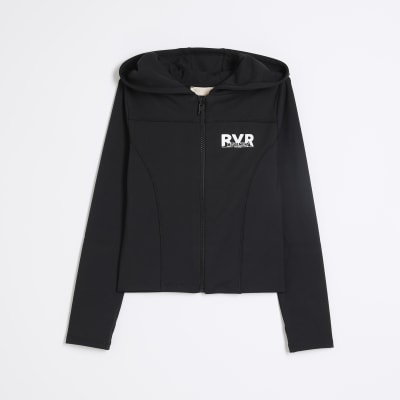 Girls Black RI Active Zip Through Hoodie River Island