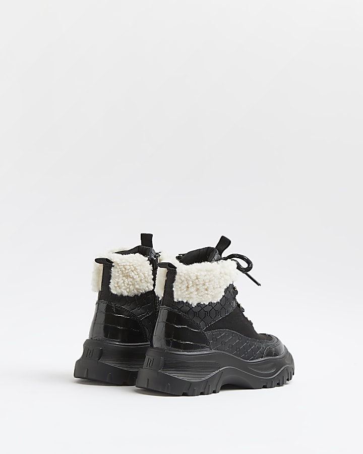Girls black RI borg lace up hiker boots