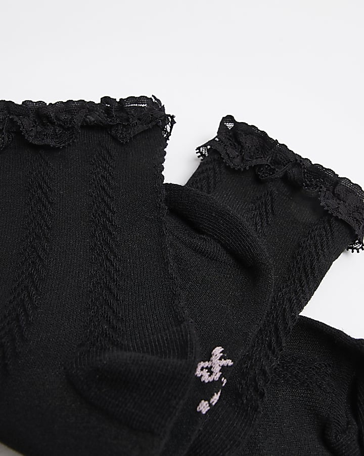Girls black RI branded frill socks 2 pack