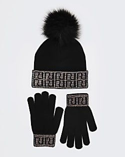 Girls black RI diamante hat and gloves set