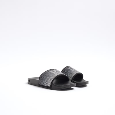 Girls black RI diamante sliders River Island