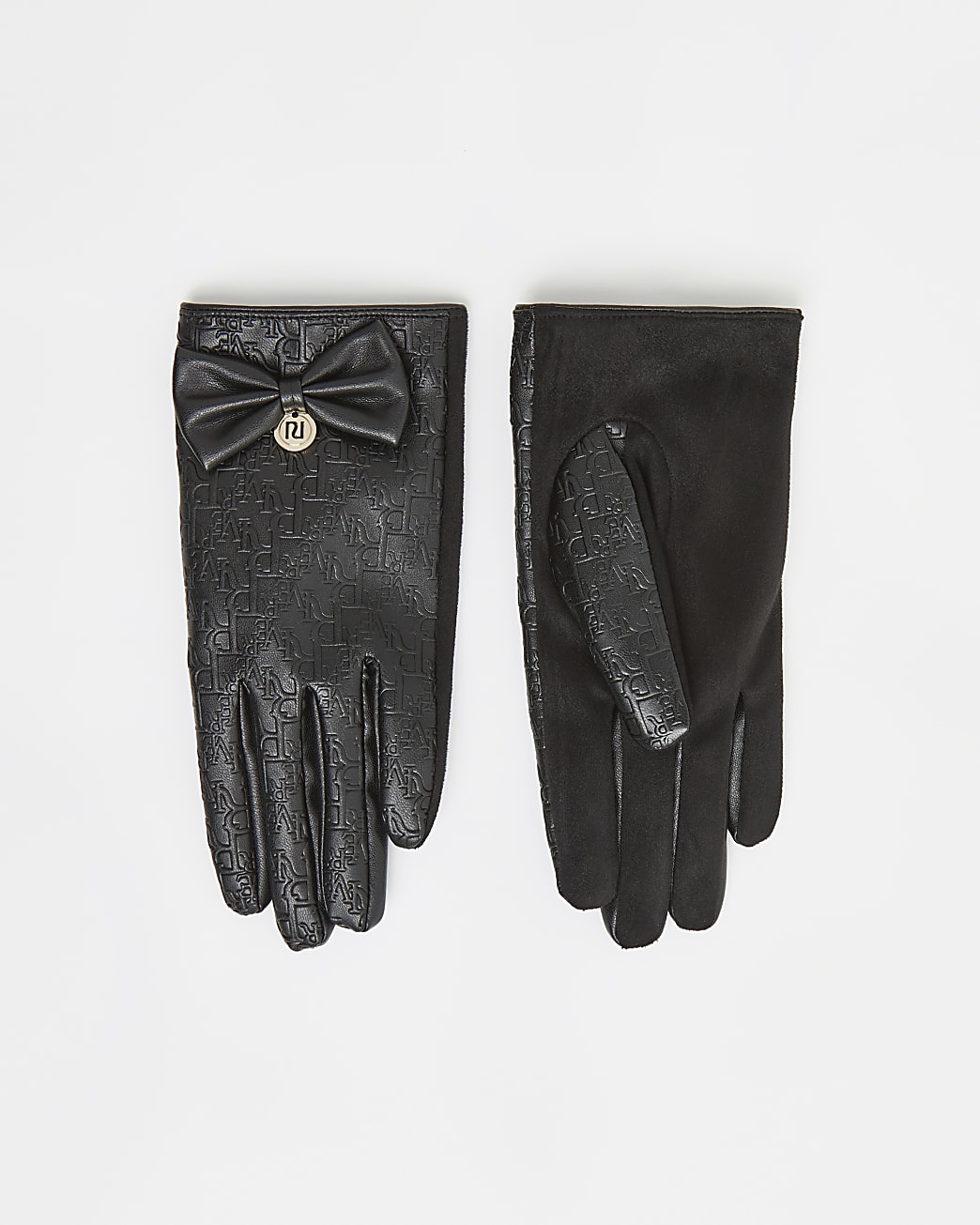 Girls black RI embossed faux leather gloves