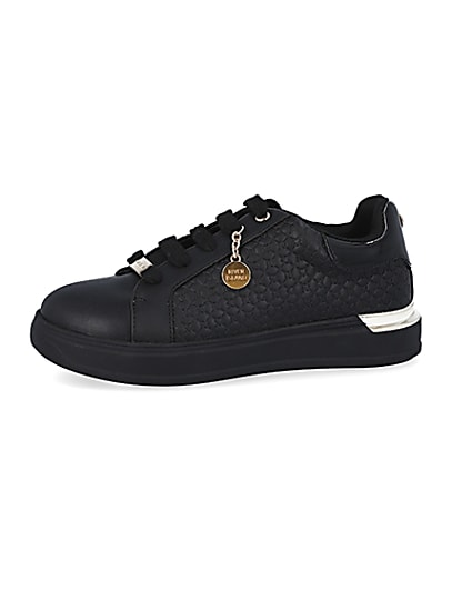 360 degree animation of product Girls black RI embossed lace up trainers frame-2