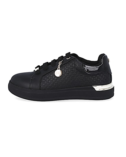 360 degree animation of product Girls black RI embossed lace up trainers frame-3