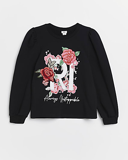 Girls black RI floral embroidery sweatshirt