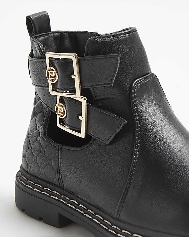 Girls black RI monogram buckle boots