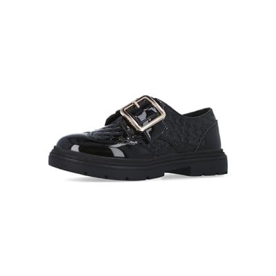 360 degree animation of product Girls black RI monogram buckle patent brogues frame-1