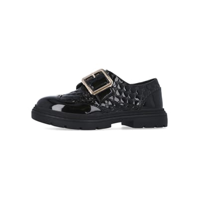 360 degree animation of product Girls black RI monogram buckle patent brogues frame-2