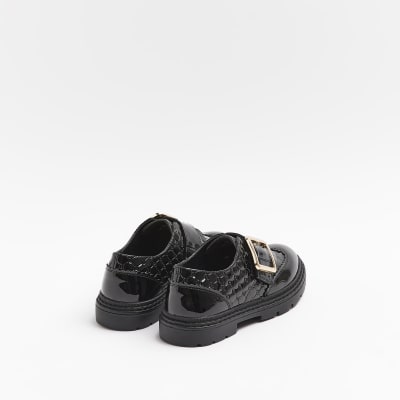 Girls black RI monogram buckle patent brogues