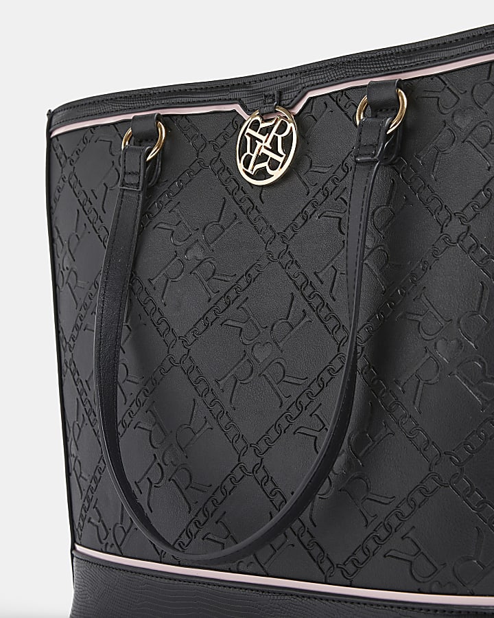Girls black RI monogram embossed shopper bag