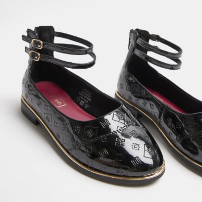 Girls black RI monogram strappy ballet shoes