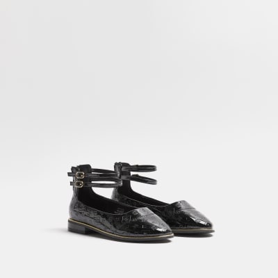 Girls black RI monogram strappy ballet shoes