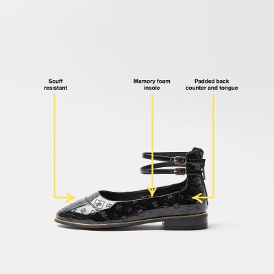 Girls black RI monogram strappy ballet shoes