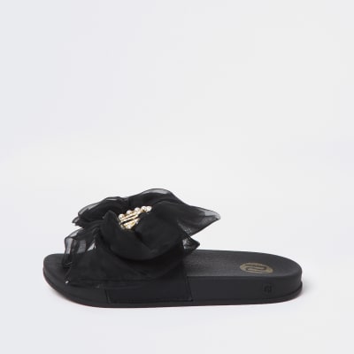 black suede bow sliders